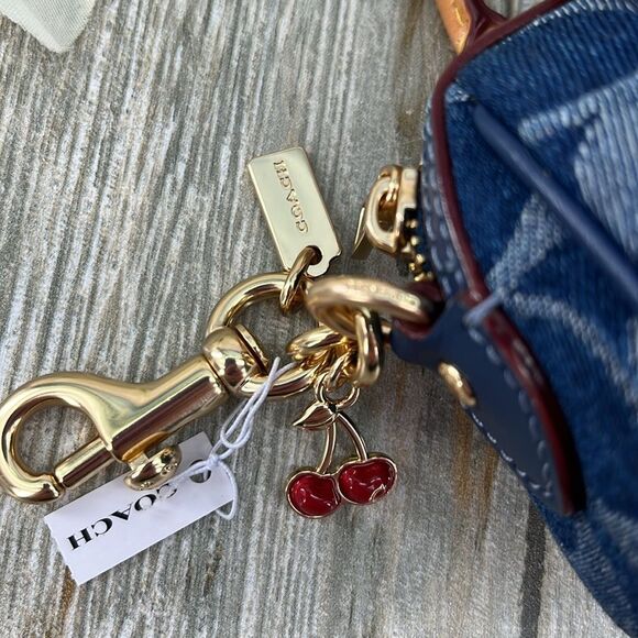 Coach Mini Rowan Bag Charm In Signature Denim With Cherry Charm Purse - Picture 3 of 11